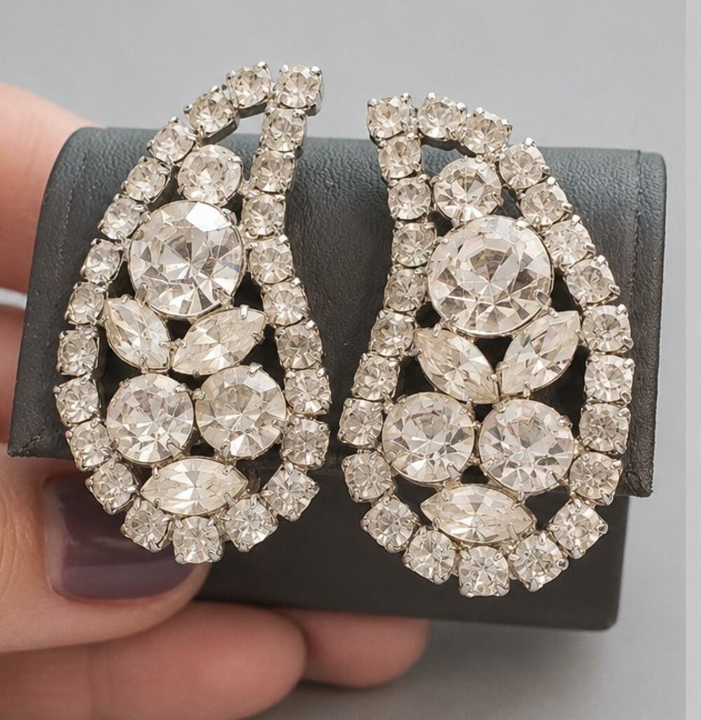 Kirks Folly Rhinestone Clip-on Earrings 2" Large Leaf‎ Glass Designer Wedding